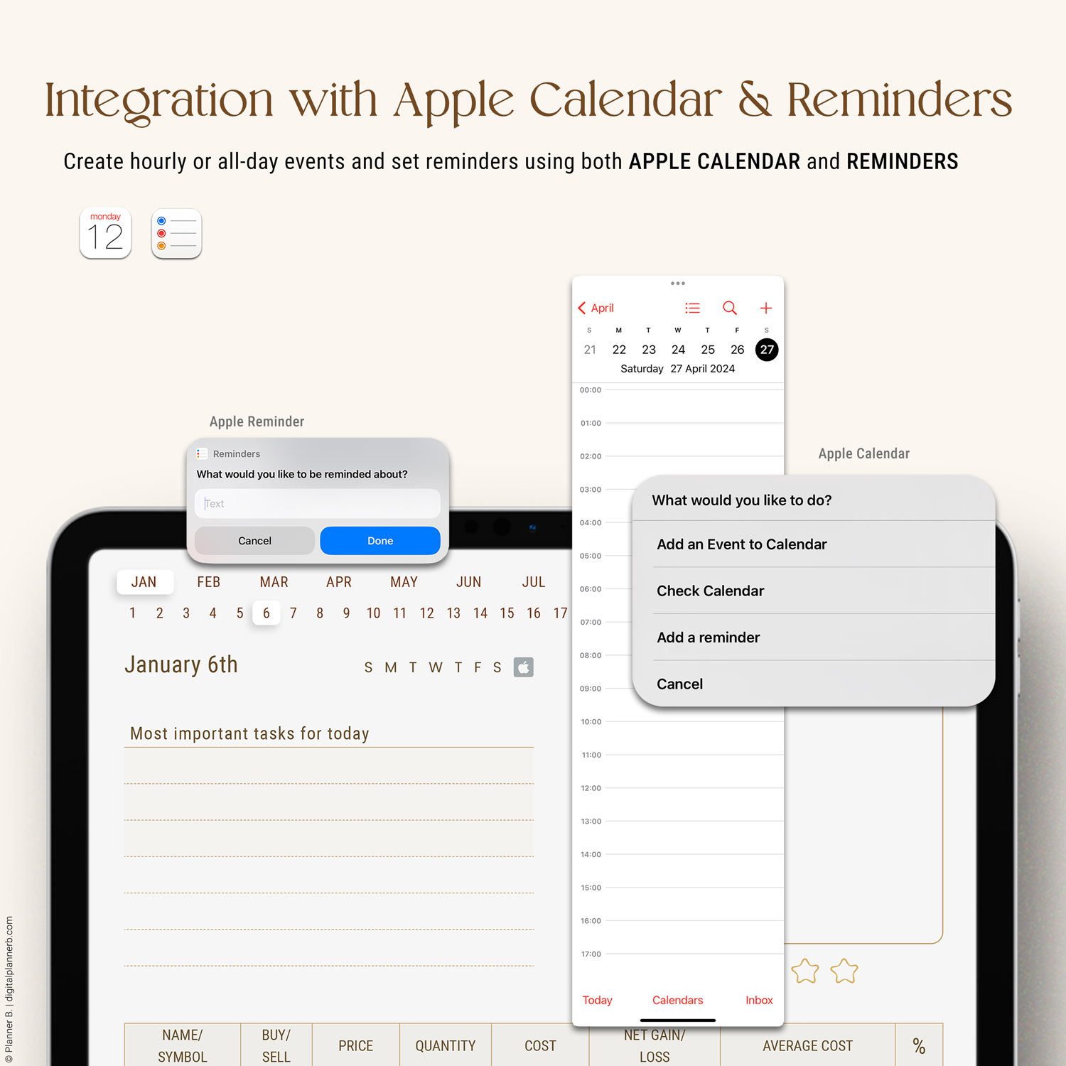 Digital Trading Journal featuring Apple Calendar and Reminders integration displayed on a tablet, highlighting manual iOS shortcut functionality for event organization