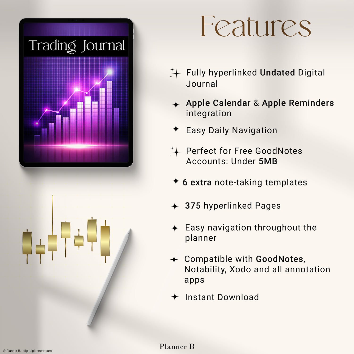Features of the Digital Trading Journal highlighted on tablet screens, showcasing a clean one-page layout, Apple Calendar integration, 375 hyperlinked pages, and compatibility with GoodNotes and other PDF apps