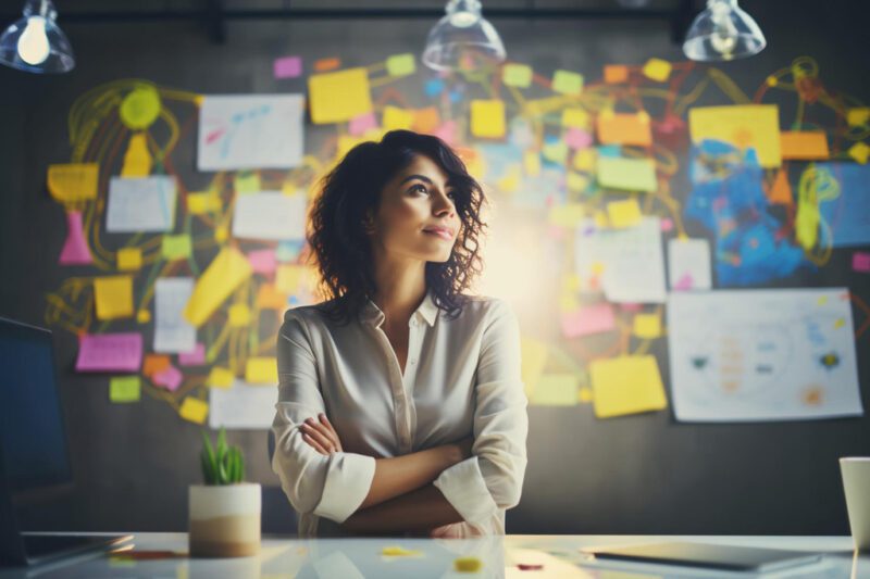 business woman with some tasks on wall