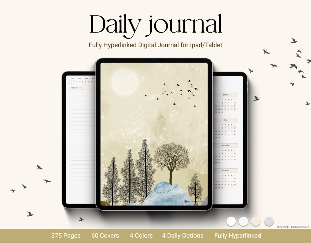 Digital Daily Journal for iPad showing cover, daily page layout, and calendar index – fully hyperlinked planner with 4 color options and 60 covers.