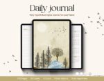 Digital Daily Journal for iPad showing cover, daily page layout, and calendar index – fully hyperlinked planner with 4 color options and 60 covers.