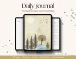 Digital Daily Journal for iPad showing cover, daily page layout, and calendar index – fully hyperlinked planner with 4 color options and 60 covers.