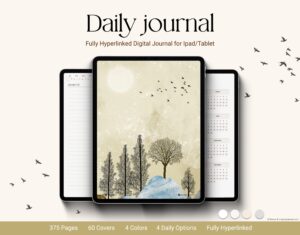 Digital Daily Journal for iPad showing cover, daily page layout, and calendar index – fully hyperlinked planner with 4 color options and 60 covers.