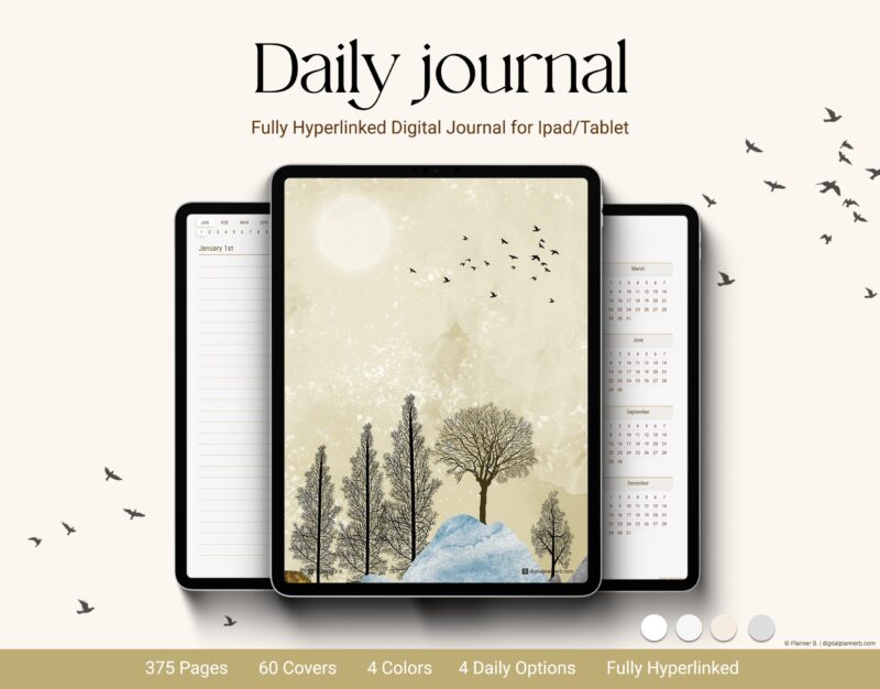 Digital Daily Journal for iPad showing cover, daily page layout, and calendar index – fully hyperlinked planner with 4 color options and 60 covers.