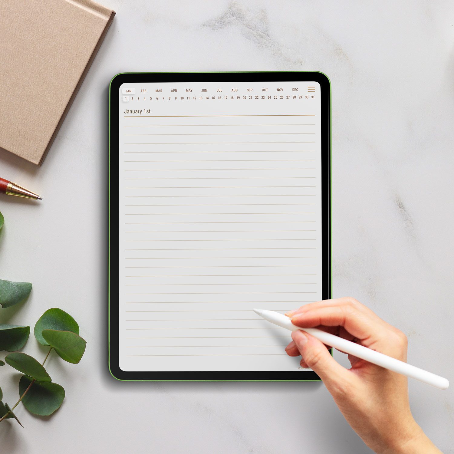 Daily journal page displayed on iPad with clean lined layout for note-taking or planning – part of the hyperlinked Digital Daily Journal PDF.