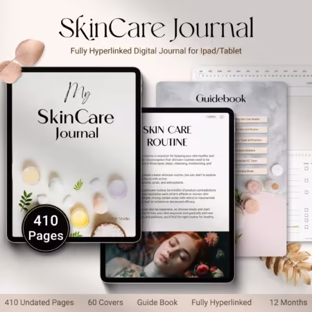Digital Skincare Journal mockup featuring 410 hyperlinked pages, stylish cover, and daily skincare routine page shown on tablet — fully compatible with iPad and GoodNotes.