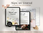 Digital Skincare Journal mockup featuring 410 hyperlinked pages, stylish cover, and daily skincare routine page shown on tablet — fully compatible with iPad and GoodNotes.