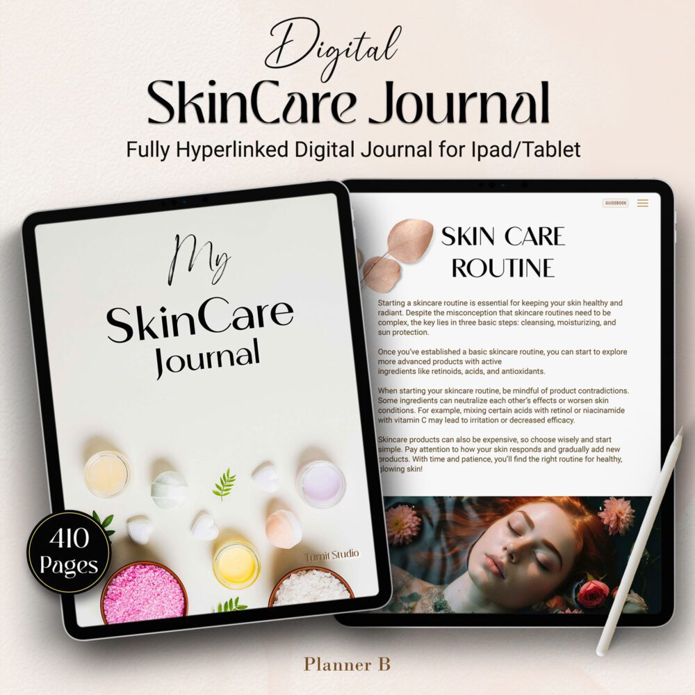 Digital Skincare Journal mockup featuring 410 hyperlinked pages, stylish cover, and daily skincare routine page shown on tablet — fully compatible with iPad and GoodNotes.