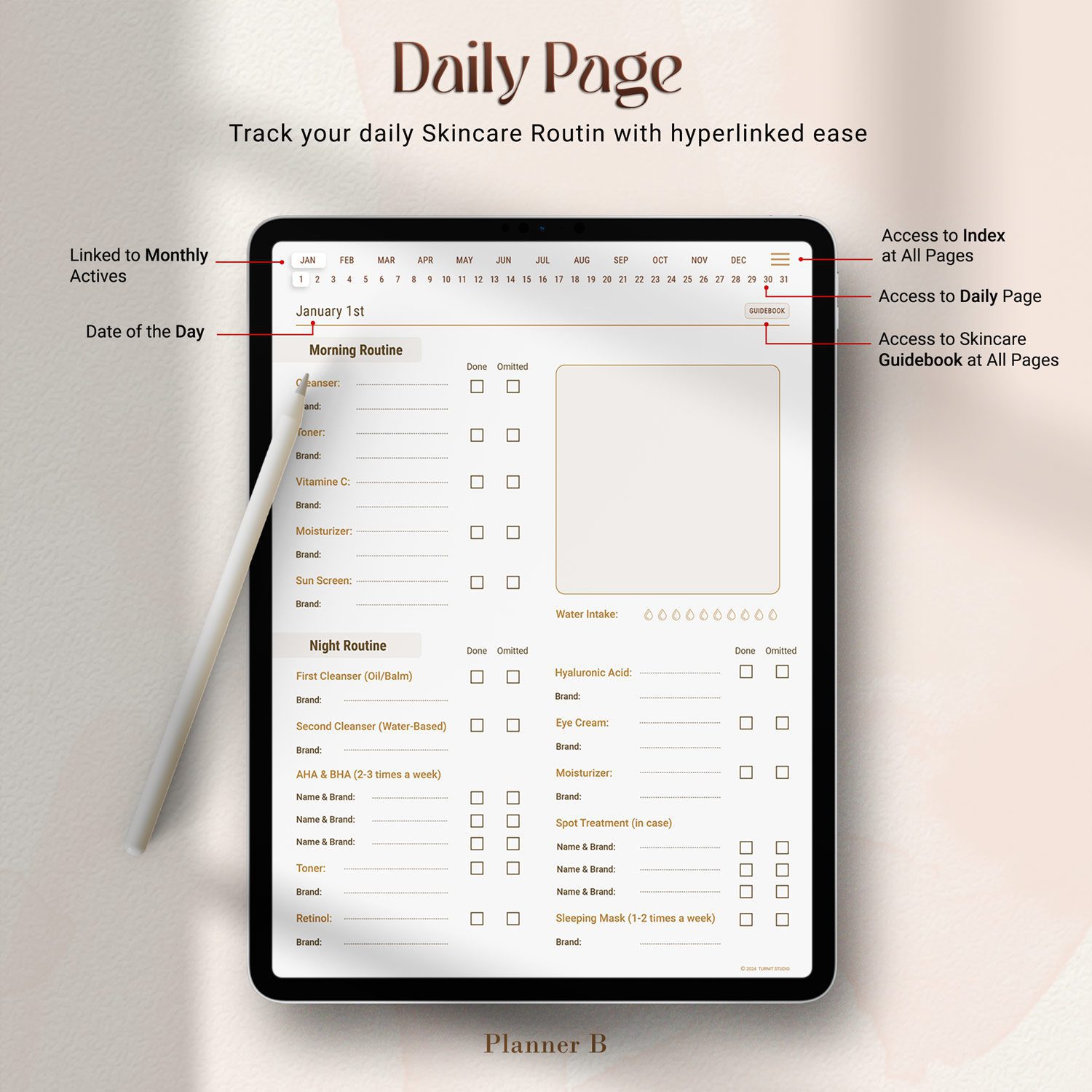 Daily page of digital skincare tracker showing morning and night routines with actives log