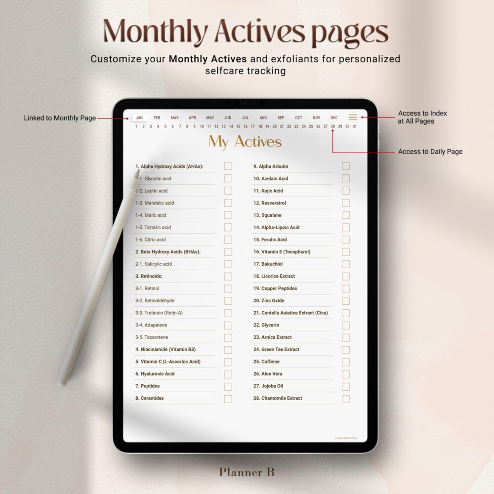 Monthly actives tracking page in digital skincare journal showing a list of skincare ingredients like AHAs, BHAs, and peptides with checkboxes and linked tabs.