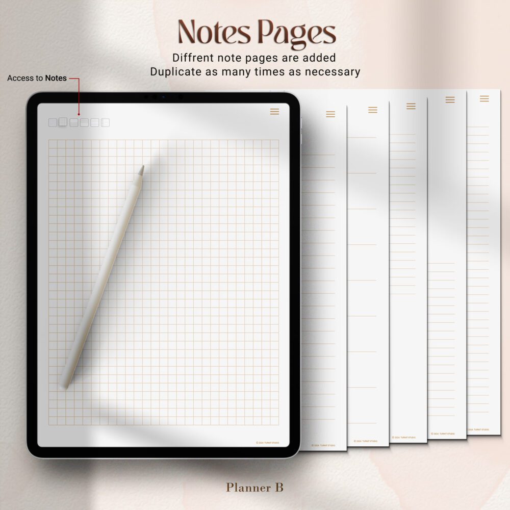 Digital Skincare Journal note templates shown on tablet, including grid, lined, and blank pages for flexible documentation and routine tracking.