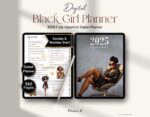 2025 Digital Black Girl Planner mockup featuring two tablets showing daily layout and stylish illustrated cover, highlighting 565 hyperlinked pages, Sunday & Monday start options, and dated format
