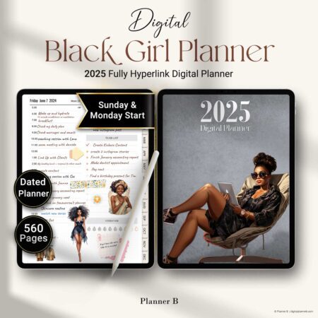 2025 Digital Black Girl Planner mockup featuring two tablets showing daily layout and stylish illustrated cover, highlighting 565 hyperlinked pages, Sunday & Monday start options, and dated format