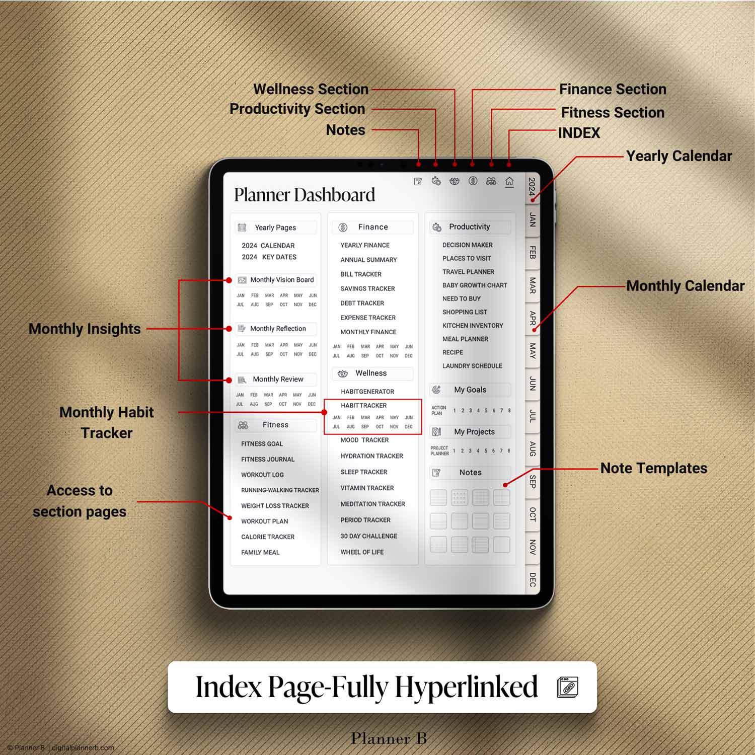 Interactive index page of the 2025 Black Girl Planner, providing direct access to all months, weeks, and templates with one tap.