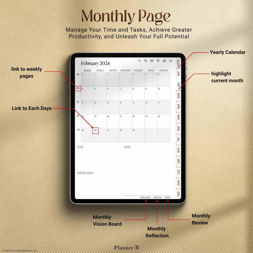 2025 Digital Black Girl Planner monthly layout featuring hyperlinked navigation, clean calendar grid, and Sunday and Monday start formats for organized monthly planning.