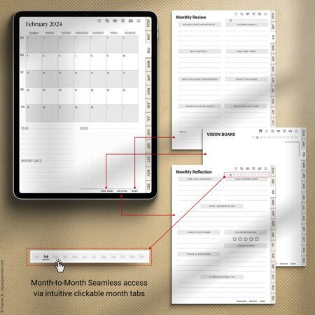 2025 Digital Black Girl Planner showcasing monthly layout with Sunday and Monday start options, highlighting hyperlinked tabs and functional planning features.