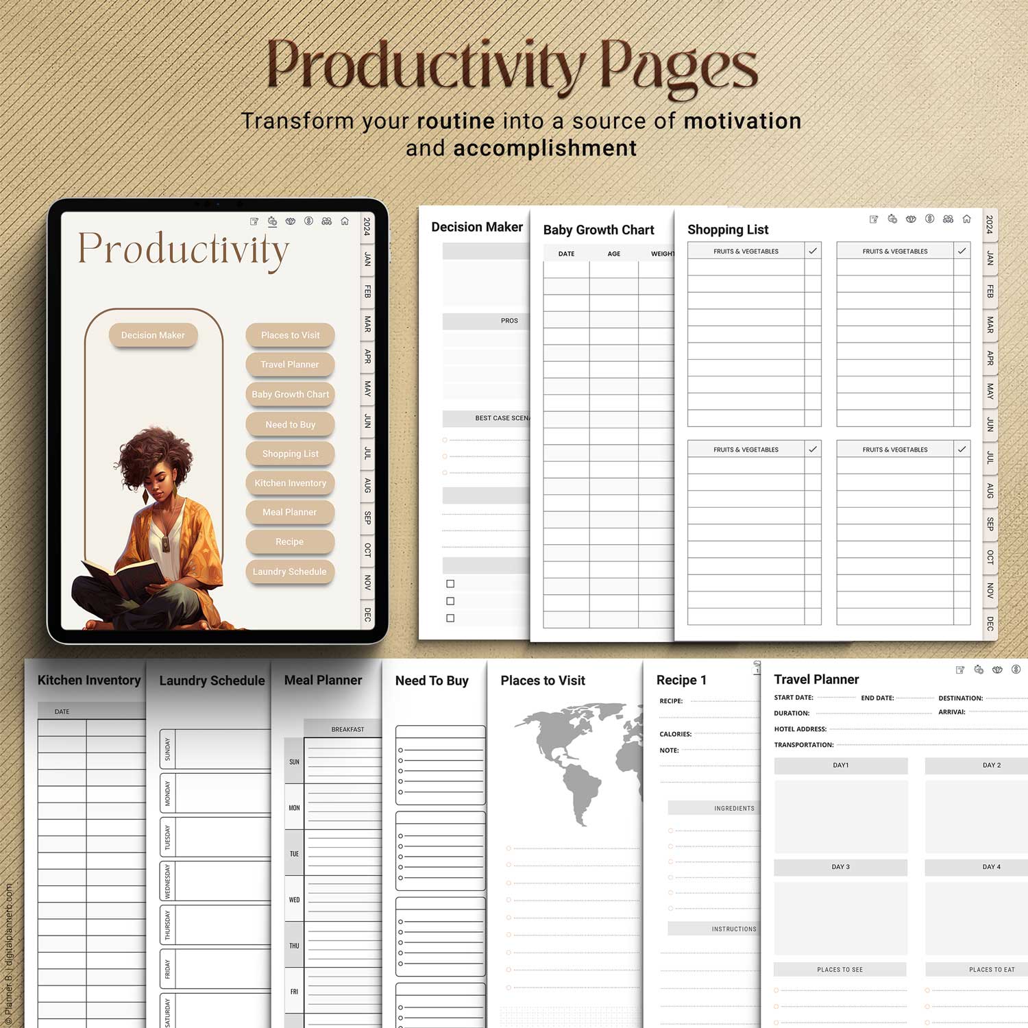 Productivity templates in the 2025 Black Girl Digital Planner including goal setting, project planning, and time management tools.