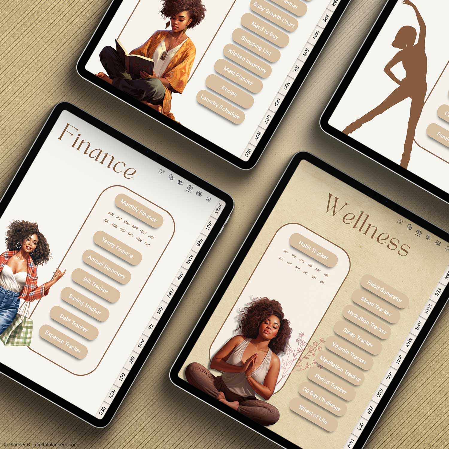 Overview of planner sections in the 2025 Black Girl Digital Planner, including wellness, productivity, finance, and fitness, with fully clickable navigation.