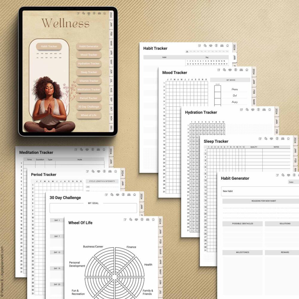Wellness section from the 2025 Digital Black Girl Planner featuring self-care tools, mood trackers, and fitness goal sheets.