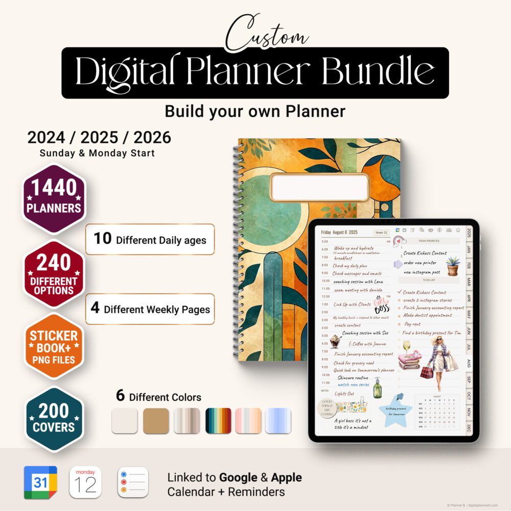 Custom digital planner bundle mockup for 2025 and 2026 featuring interactive planner builder, Sunday and Monday start options, over 1440 planner combinations, 10 daily pages, 4 weekly layouts, sticker book, and 200 digital covers.
