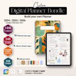 Custom digital planner bundle mockup for 2025 and 2026 featuring interactive planner builder, Sunday and Monday start options, over 1440 planner combinations, 10 daily pages, 4 weekly layouts, sticker book, and 200 digital covers.