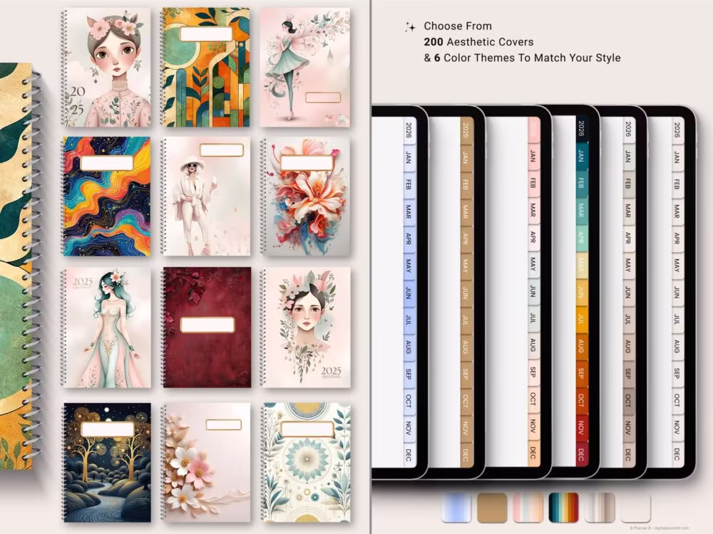 Digital planner bundle 2025–2026 featuring 200 stylish covers in assorted colors and themes for personalization.