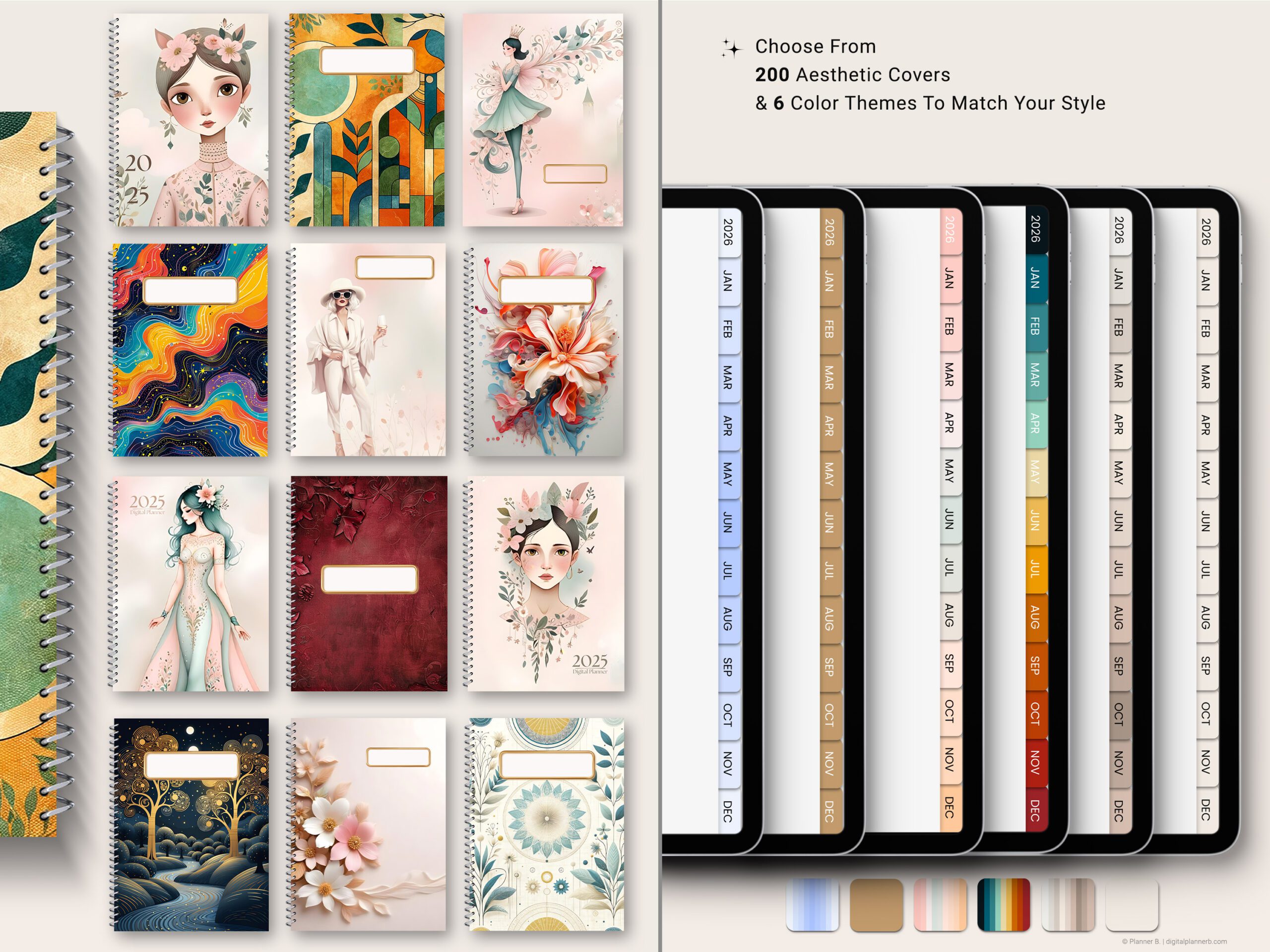 Digital planner bundle 2025–2026 featuring 200 stylish covers in assorted colors and themes for personalization.
