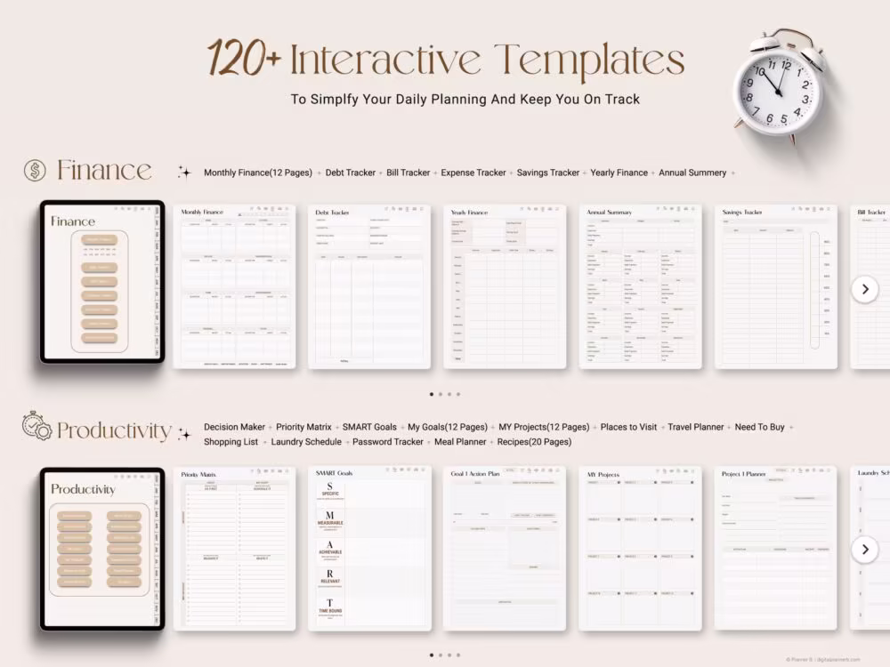 Finance and productivity template previews from the 2025–2026 custom digital planner bundle, including budget and task pages.
