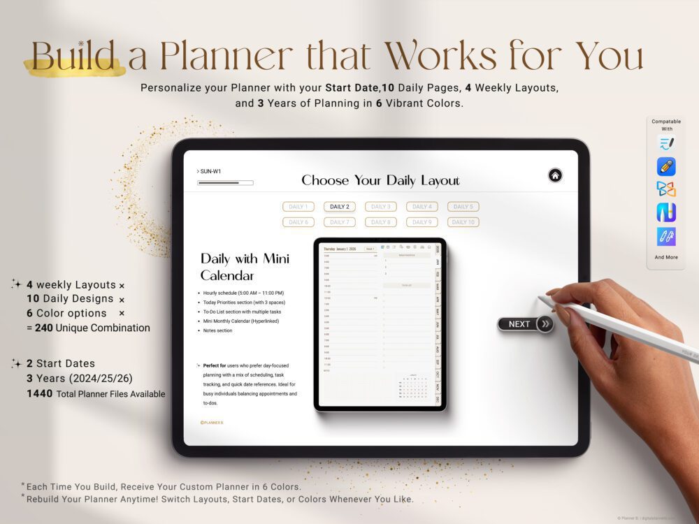 “Interactive planner builder interface for creating personalized 2025–2026 digital planners with custom dates, layouts, and colors.