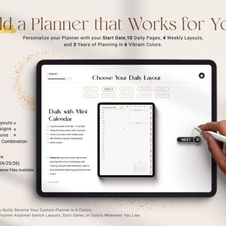 “Interactive planner builder interface for creating personalized 2025–2026 digital planners with custom dates, layouts, and colors.