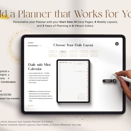 “Interactive planner builder interface for creating personalized 2025–2026 digital planners with custom dates, layouts, and colors.