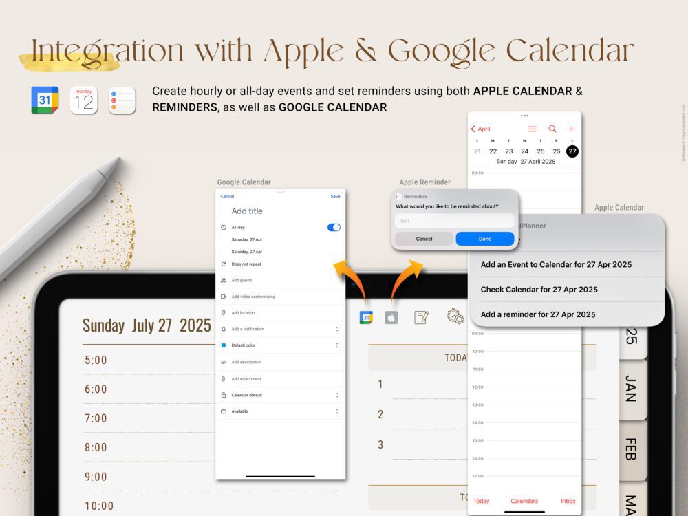 Custom planner with Apple and Google Calendar sync support for smart reminders and seamless schedule integration.