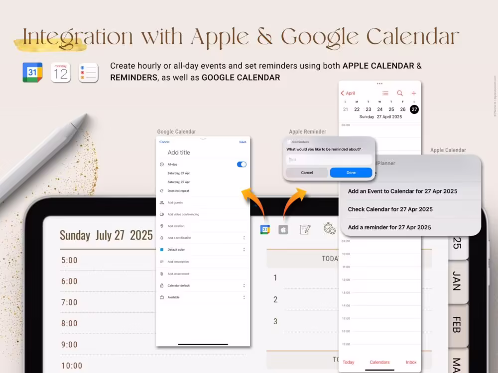 Custom planner with Apple and Google Calendar sync support for smart reminders and seamless schedule integration.