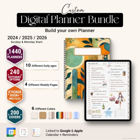 Custom digital planner bundle mockup for 2025 and 2026 featuring interactive planner builder, Sunday and Monday start options, over 1440 planner combinations, 10 daily pages, 4 weekly layouts, sticker book, and 200 digital covers.
