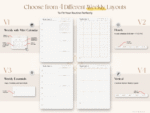 Custom weekly planner layout options from the 2025–2026 digital planner bundle, with 4 unique styles and hyperlinked navigation.