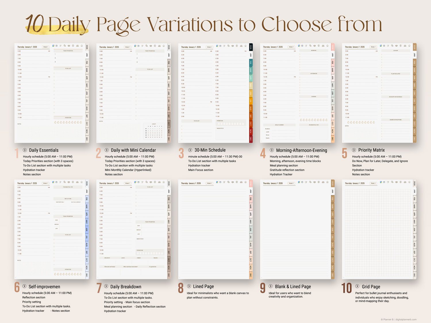 custom digital planner daily pages options