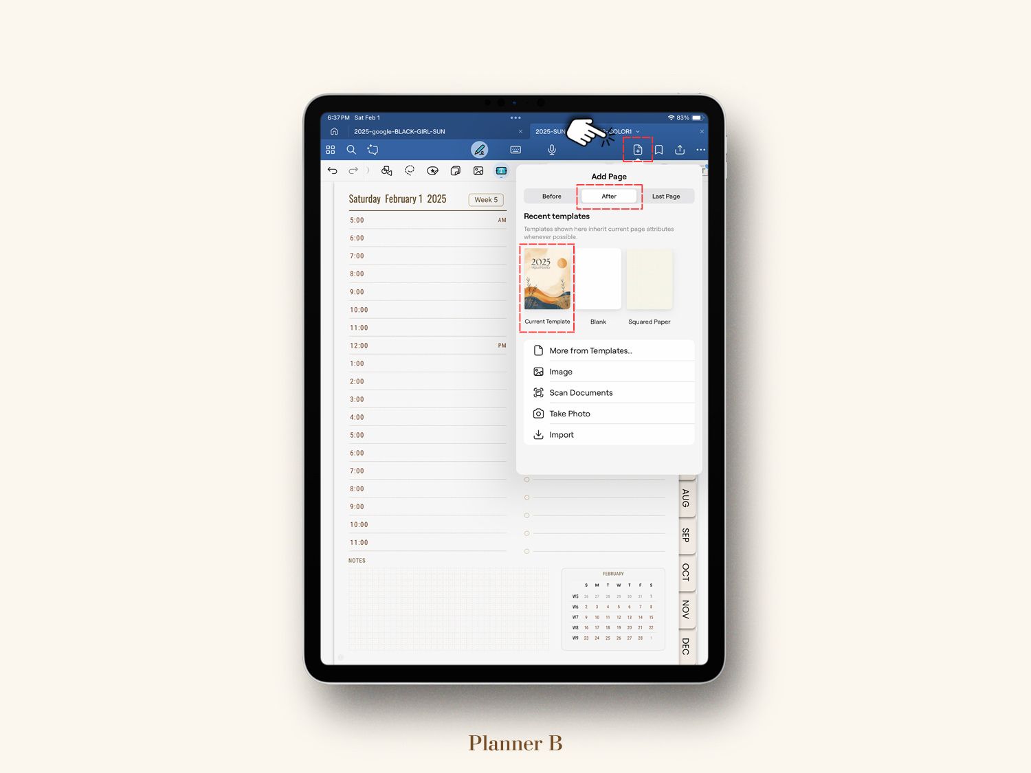 Tutorial on adding pages to your planner in GoodNotes, showing step-by-step instructions