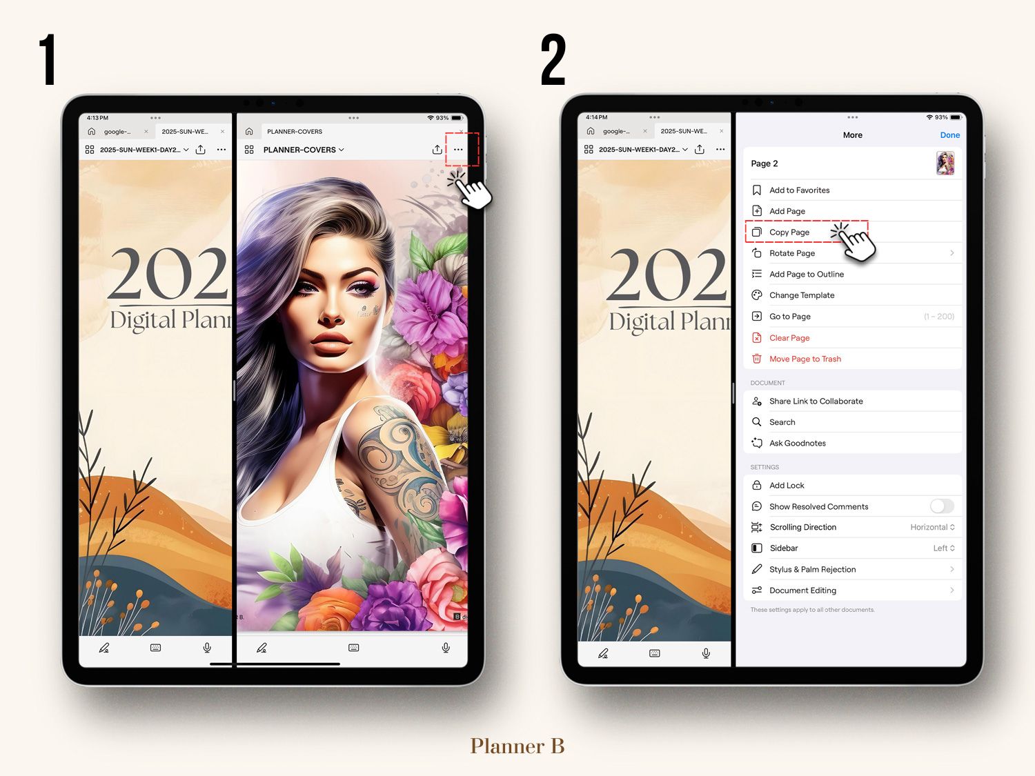 Tutorial on how to change your planner cover in GoodNotes, showing step-by-step instructions - step 1