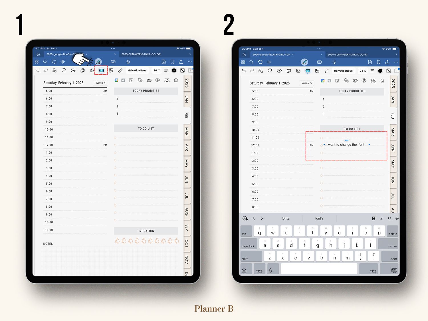 Step 1 tutorial on changing fonts in GoodNotes, showing font customization options