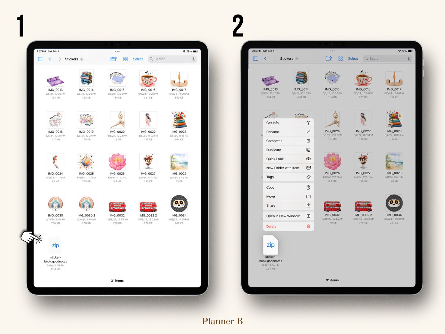 Tutorial on using a sticker book in GoodNotes, showing how to add and organize stickers - step 1