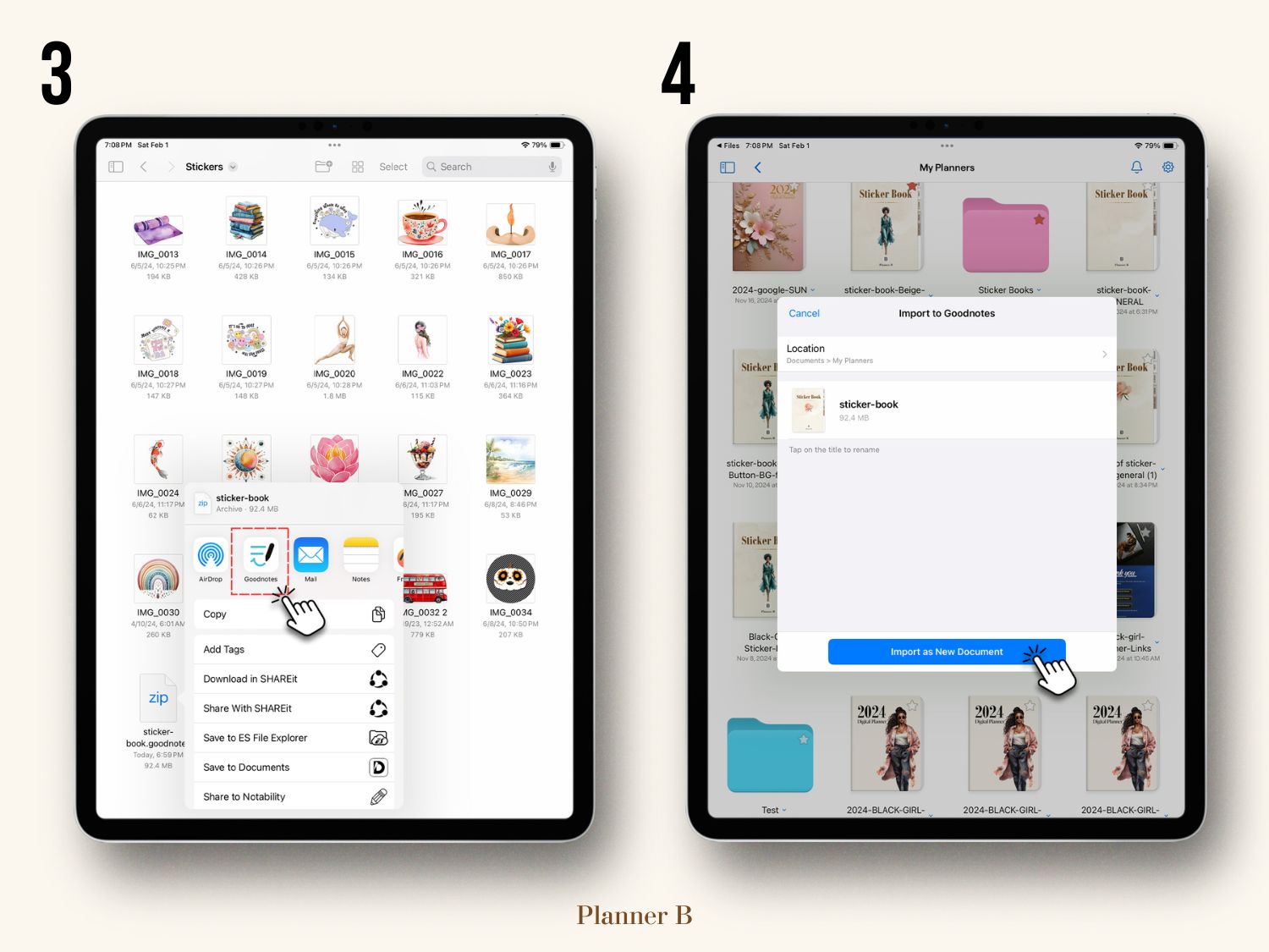 Tutorial on using a sticker book in GoodNotes, showing how to add and organize stickers - step 2