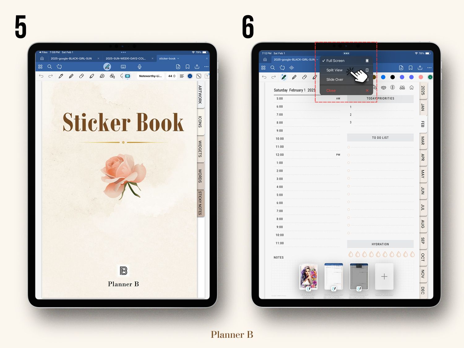 Tutorial on using a sticker book in GoodNotes, showing how to add and organize stickers - step 3