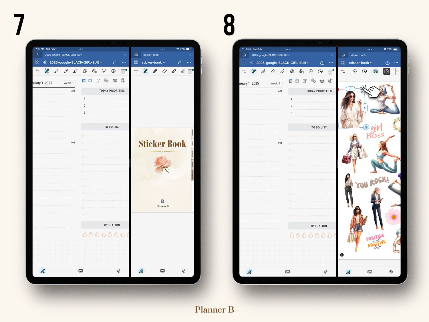 Tutorial on using a sticker book in GoodNotes, showing how to add and organize stickers - step 4