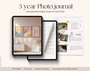 3-year photo journal displayed on a digital tablet with calendar, daily entries, and image placeholders – a fully hyperlinked digital journal for iPad or tablet with 375 pages and 60 covers.