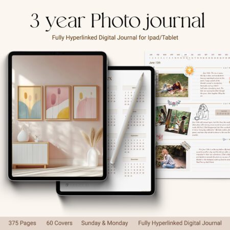 3-year photo journal displayed on a digital tablet with calendar, daily entries, and image placeholders – a fully hyperlinked digital journal for iPad or tablet with 375 pages and 60 covers.