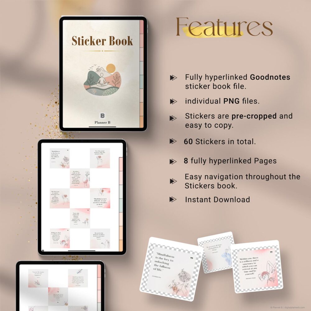 60 Mindfulness Quote Digital Stickers for GoodNotes – Aesthetic Pre-Cropped PNG Planner Stickers for iPad Journaling & Digital Planning - main features