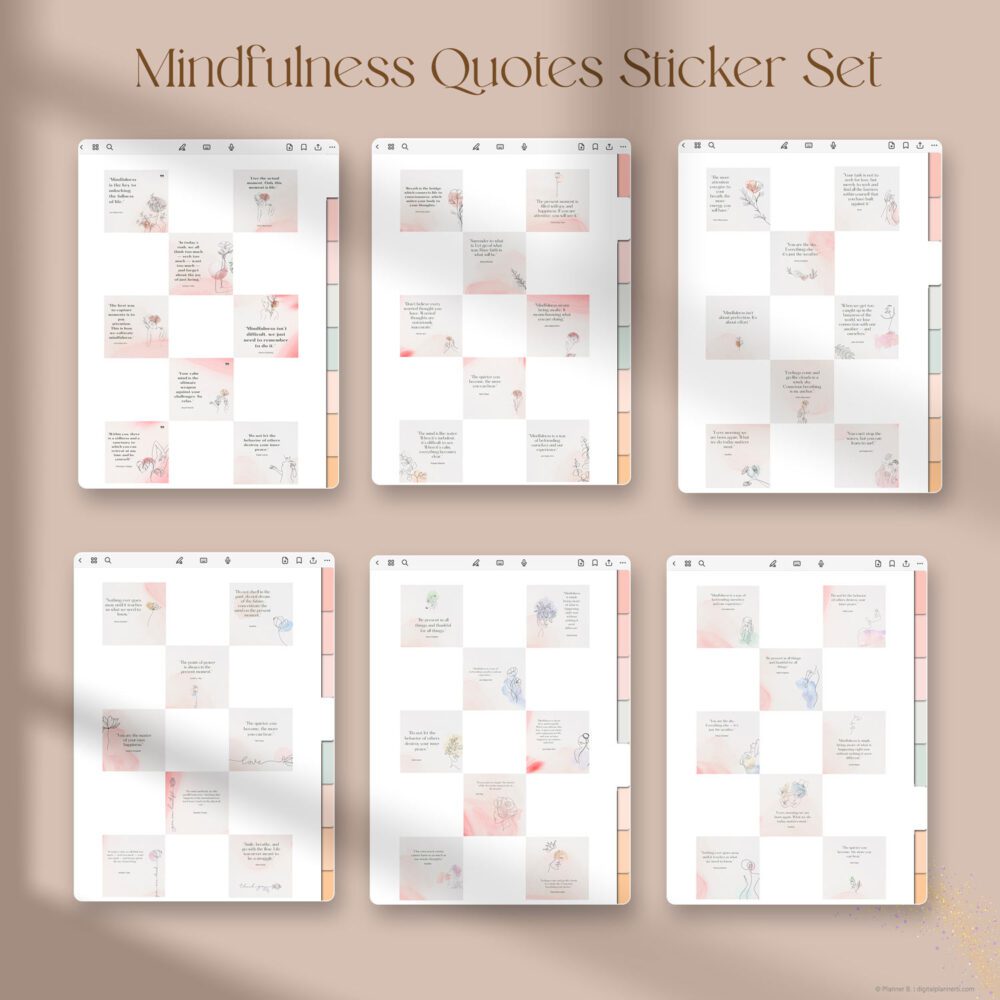 Mindfulness Quotes Digital Sticker Book – 6 aesthetic pages of motivational quote stickers for GoodNotes and iPad journaling apps