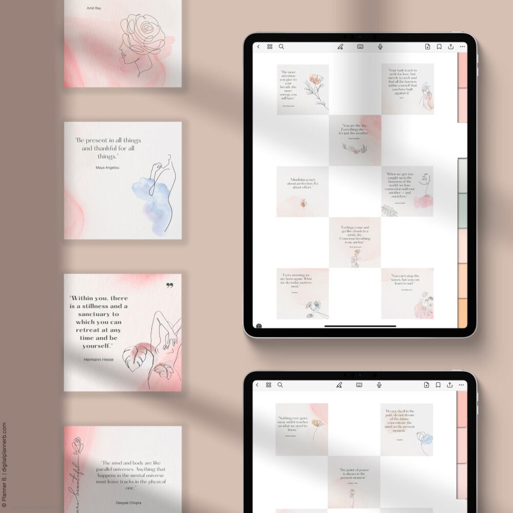 Vertical display of digital mindfulness quote stickers with artistic illustrations, used in GoodNotes on iPad