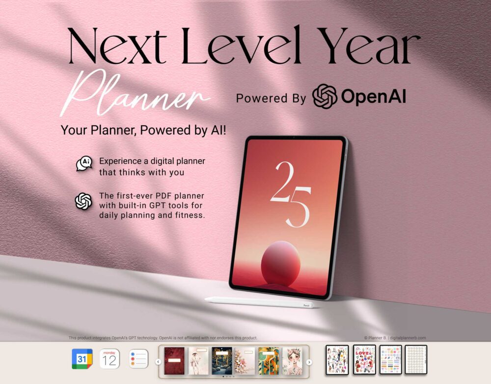 2025 AI Digital Planner in pink with GPT life and fitness coaches, shown on iPad with calendar icons, digital stickers, and OpenAI integration