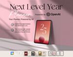 2025 AI Digital Planner in pink with GPT life and fitness coaches, shown on iPad with calendar icons, digital stickers, and OpenAI integration